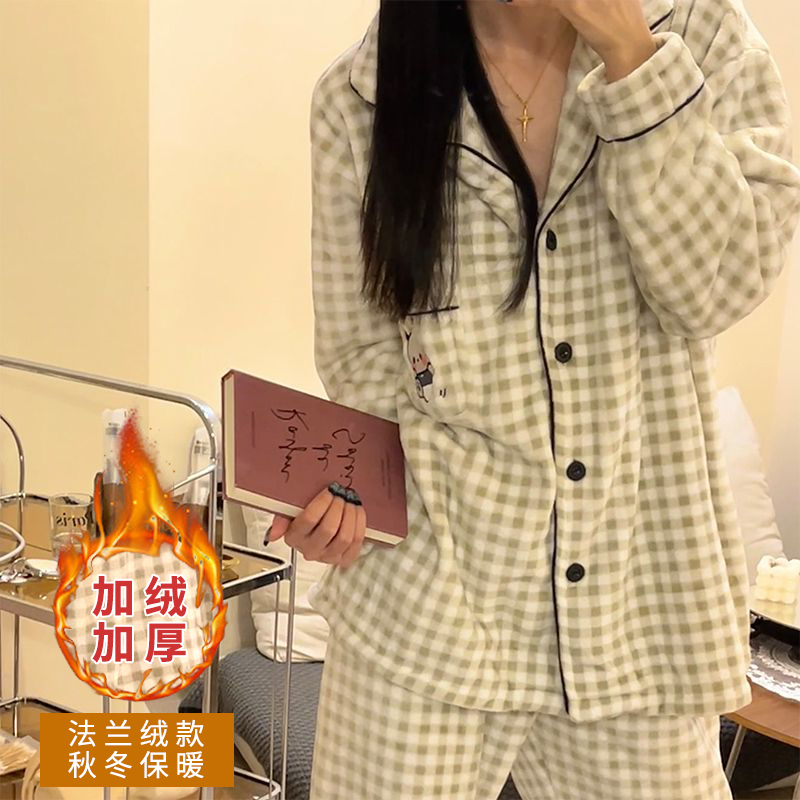 【线条帕恰狗】法兰绒睡衣女秋冬季2024新款加绒加厚保暖家居服套装
