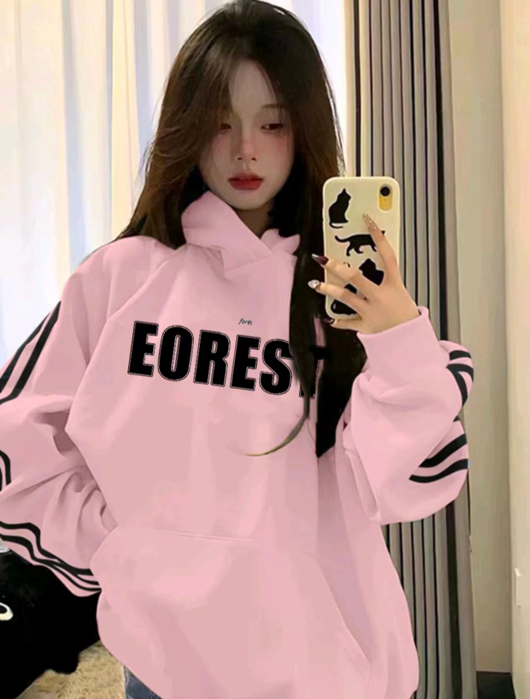 美式学院风三条杠连帽卫衣女秋季学生宽松卫衣w2441-三杠EOREST