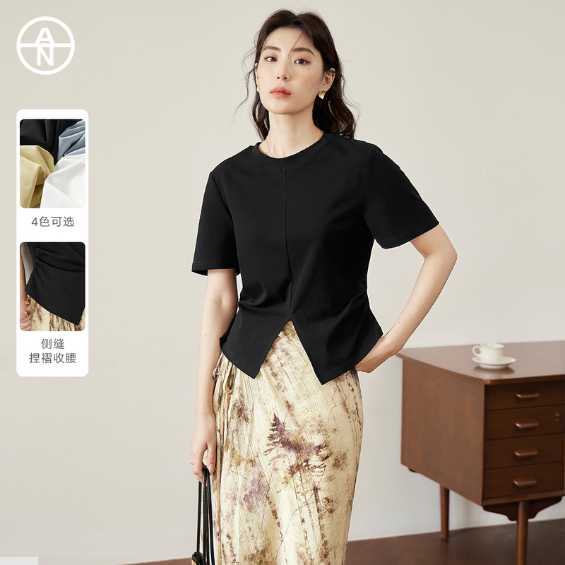 AN大码女装【多色可选】设计感圆领T恤夏季胖mm显瘦短袖上衣EOT002