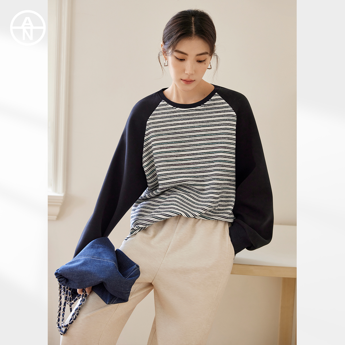 【AN】大码女装复古插肩长袖条纹卫衣胖mm慵懒显瘦圆领上衣EOA008