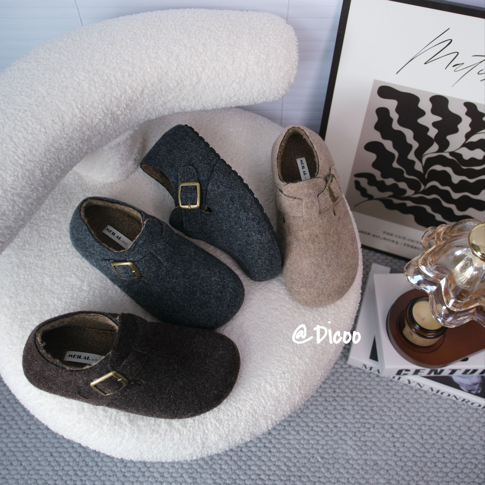 【Dicoo】东大门|3cm韩系氛围感毛呢勃肯鞋内增高毛毛鞋加绒森系软