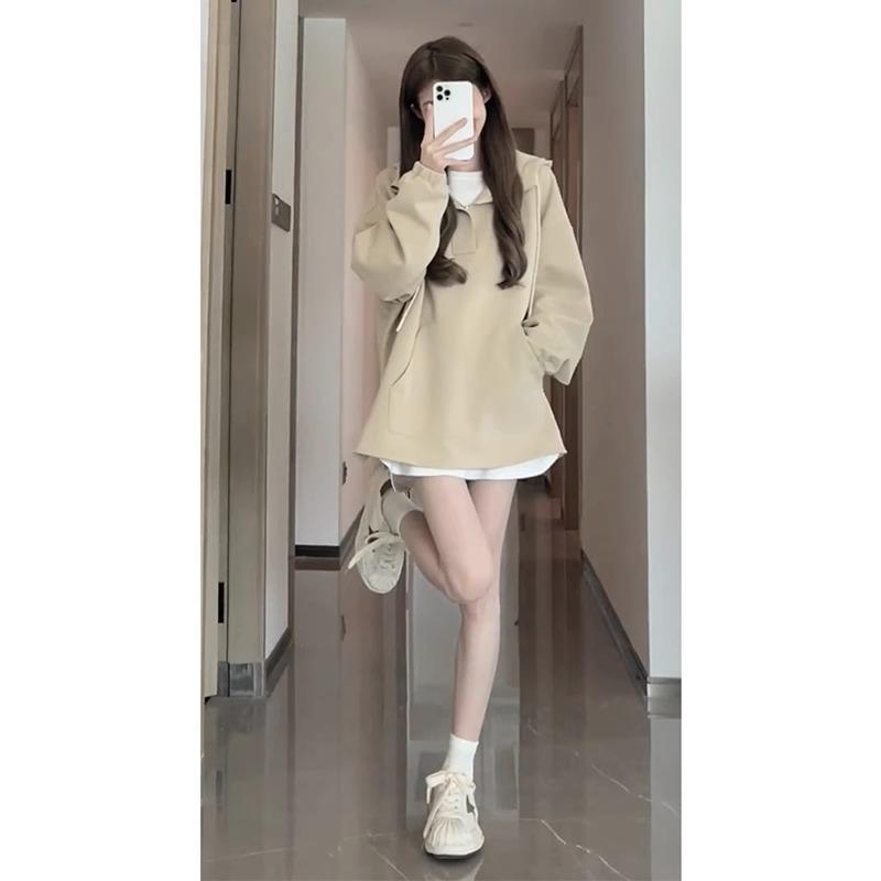 韩版慵懒风抽绳连帽卫衣女秋冬宽松显瘦中长款遮屁股洋气上衣外套