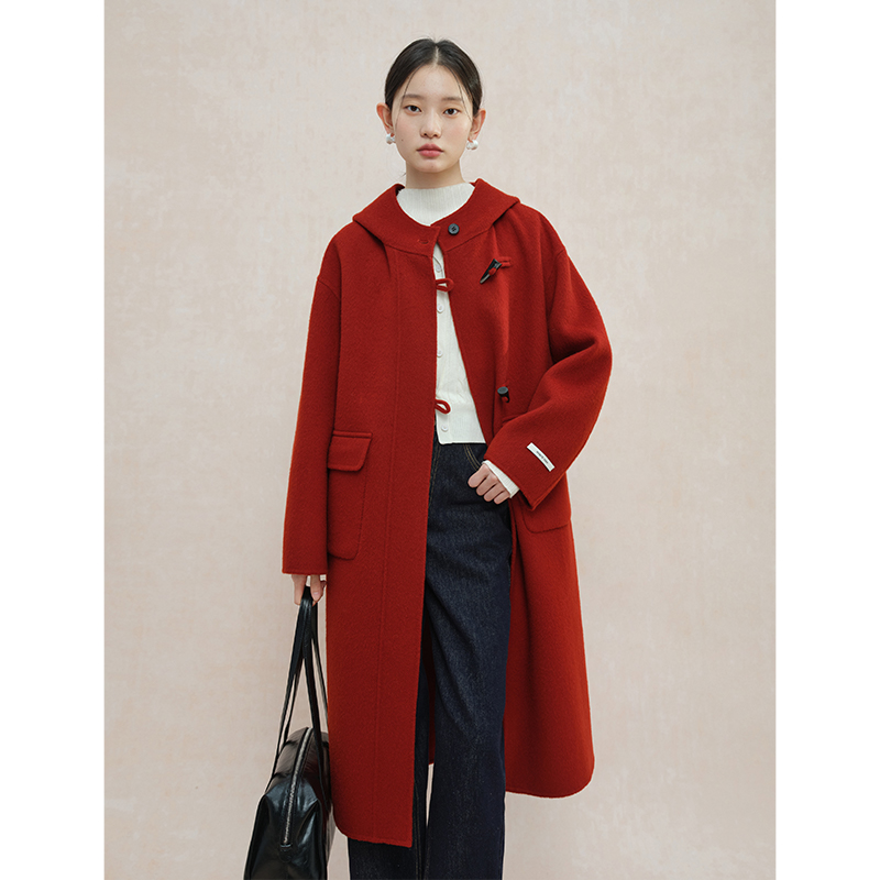 自巧小个子女羊毛呢大衣连帽立领红色过年大衣24ZQ94258