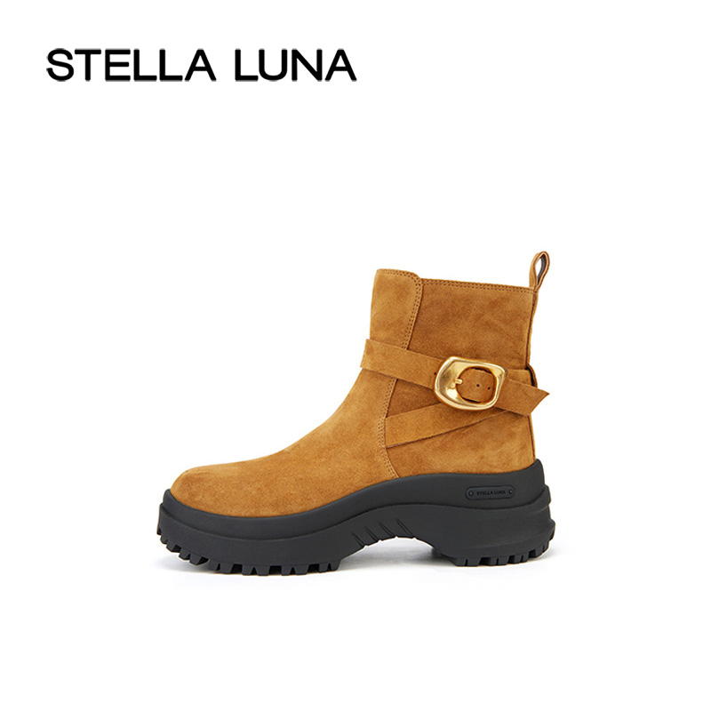 STELLA LUNA女鞋24FW新款秋季厚底金属扣饰圆头法式短靴