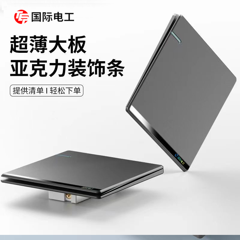 TEP国际电工超薄大板磨砂灰带亚克力装饰条一开单控五孔开关插座