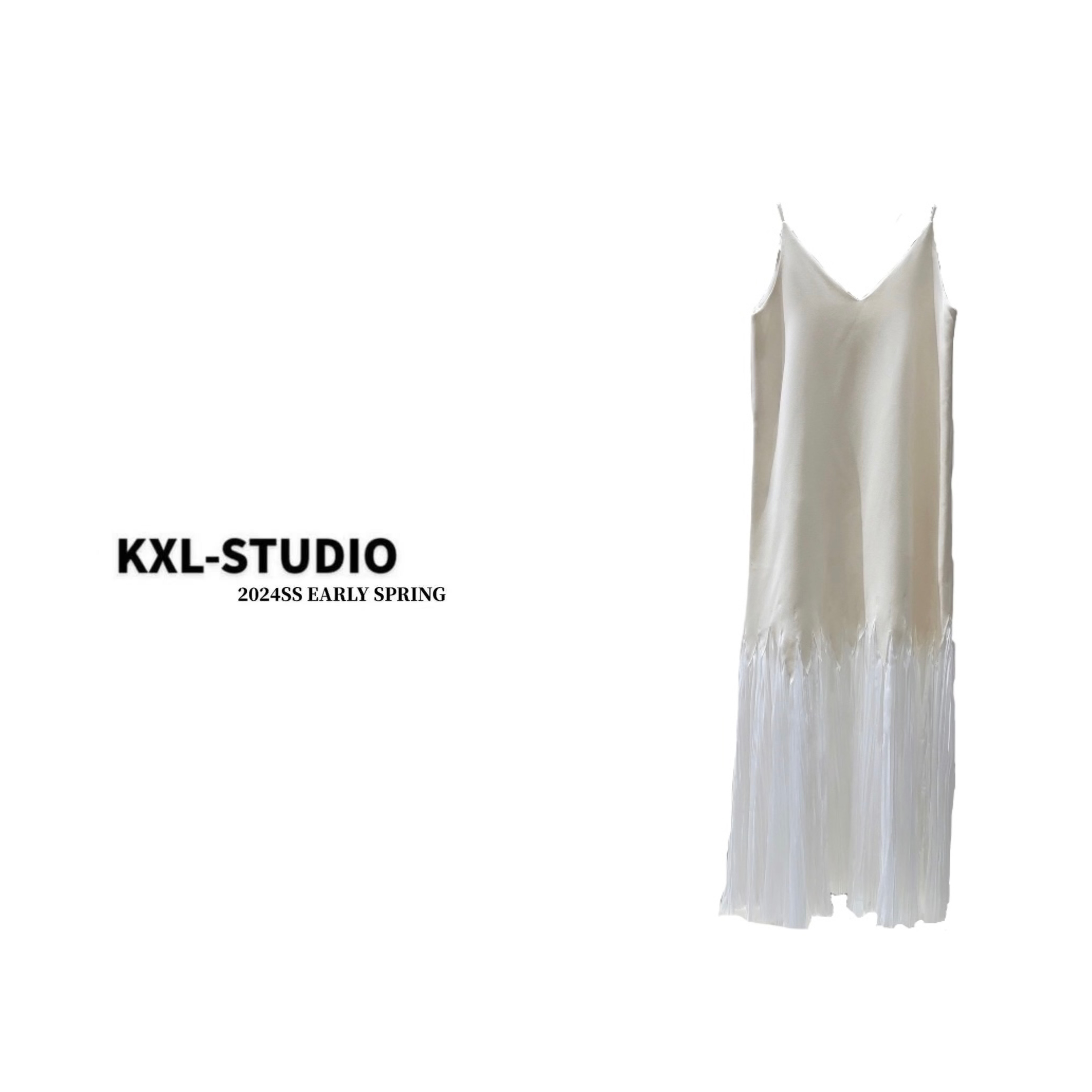  KXL-STUDIO【花笺薄雾】空灵设计感飘逸拼接网纱百褶吊带连衣裙999