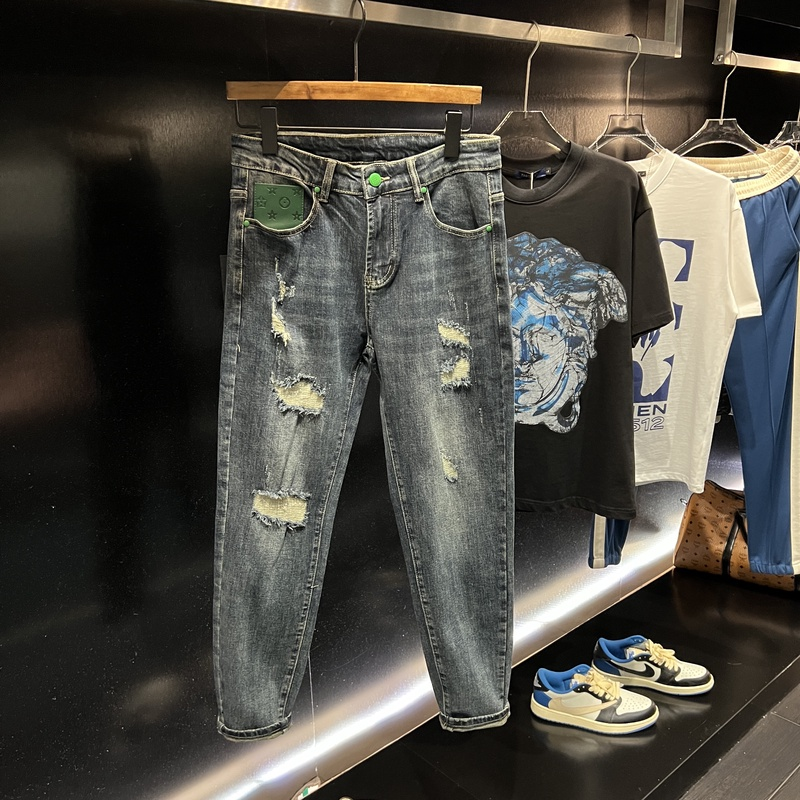 2023秋季做旧水洗破洞牛仔裤男男士夏季修身复古潮流韩版宽松个性