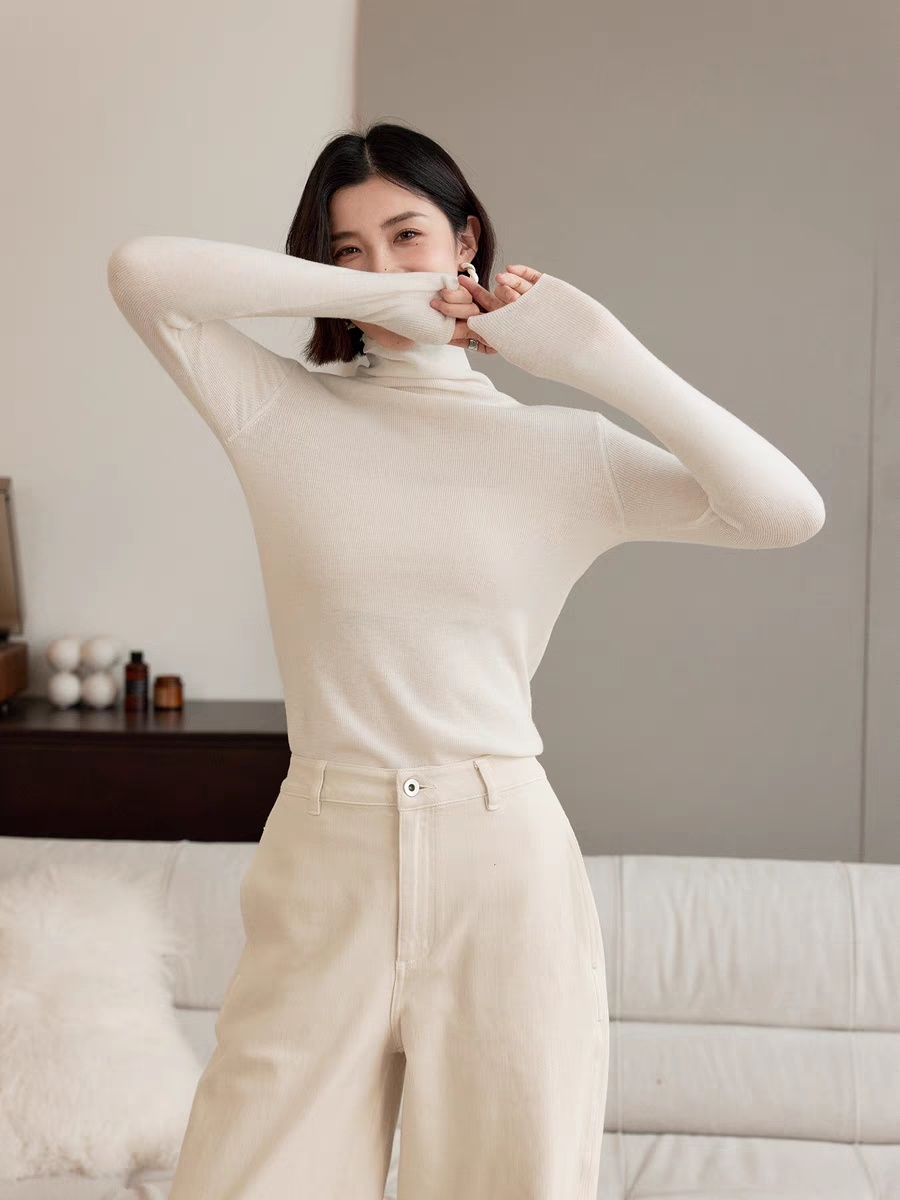 60支精纺抽条高领女100纯羊毛衫休闲高翻领修身显瘦针织衫8602