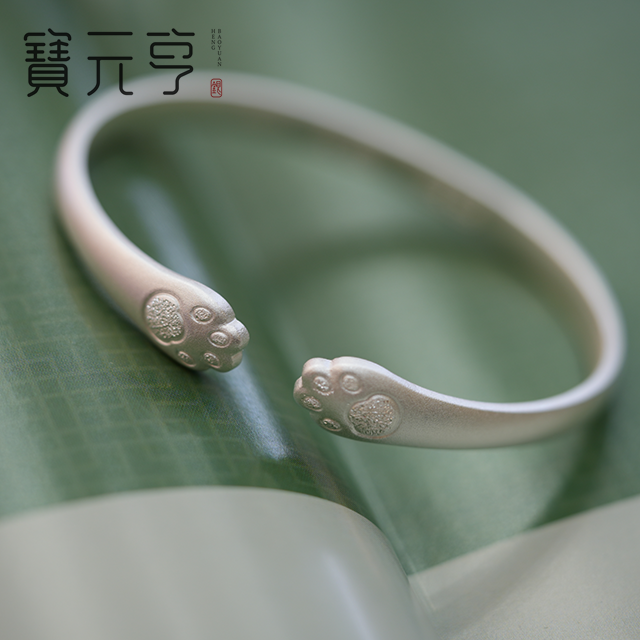 足银手镯 999.9纯银甜美时尚猫爪手镯 女友礼物 实心开口开口手镯