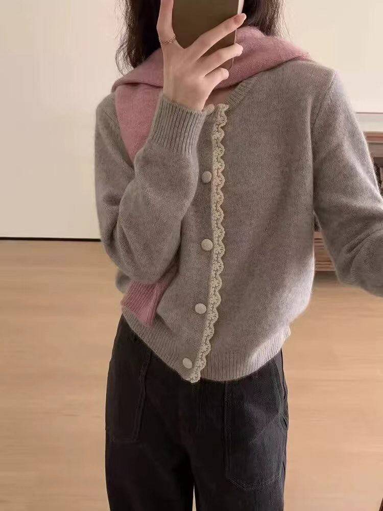 【胖琪大码】早秋大码女百搭清新复古蕾丝拼接毛衣针织衫开衫时尚