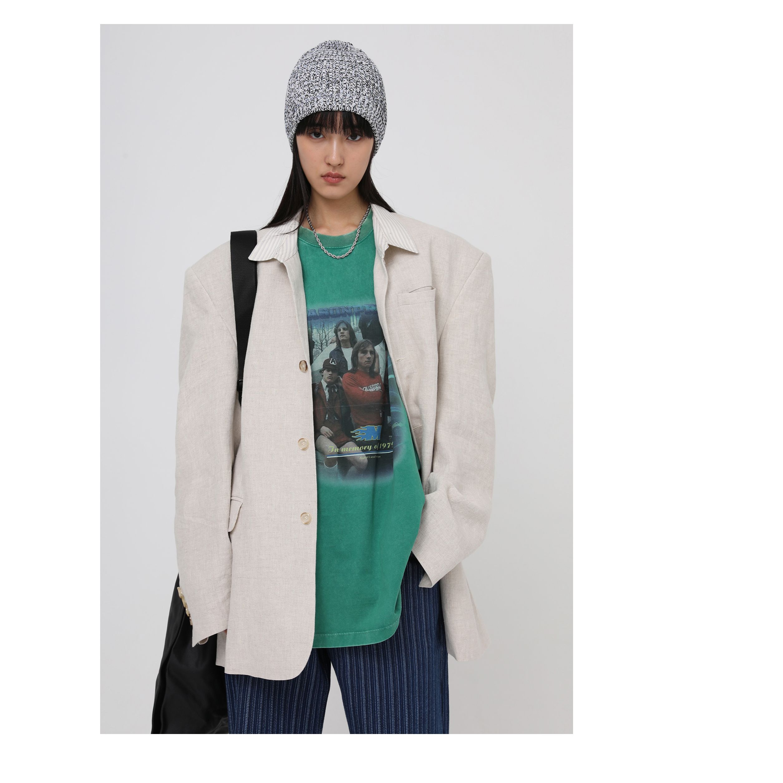 MASONPRINCE 夏季棉麻西装外套男2021新款拼接条纹薄款休闲西服