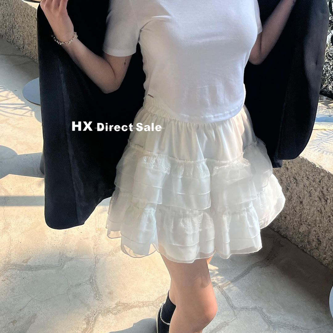 黑色网纱蓬蓬裙女2024春夏季蕾丝半身裙高腰芭蕾风短裙白色蛋糕裙