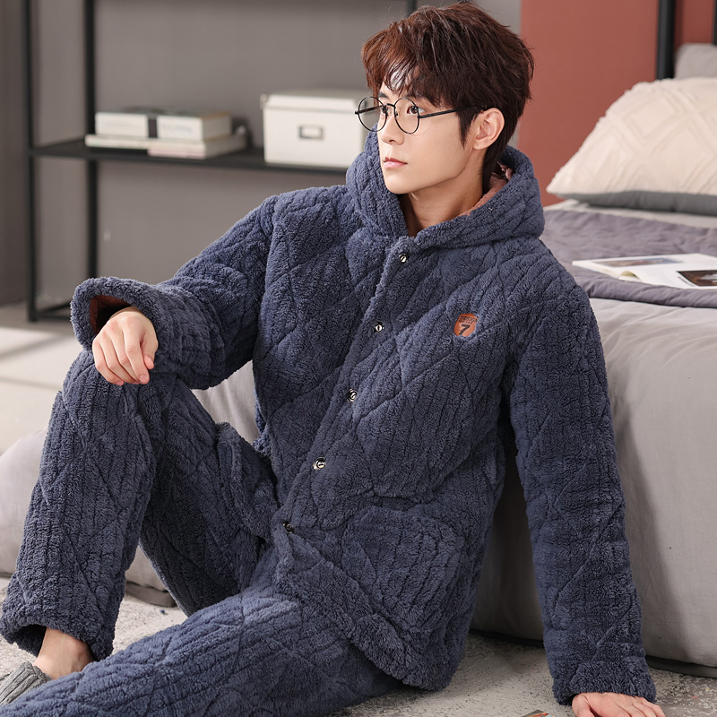 秋冬季冬款夹棉加绒加厚款珊瑚绒男士睡衣家居服保暖厚实套装大码