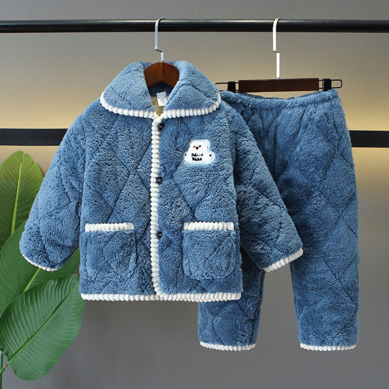 2024年冬季儿童厚睡衣米粒绒女童男童小孩子珊瑚绒保暖套装家居服