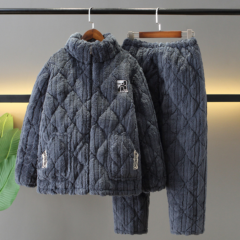 新品时尚休闲冬季珊瑚绒睡衣男夹棉法兰绒家居服加绒加厚保暖套装