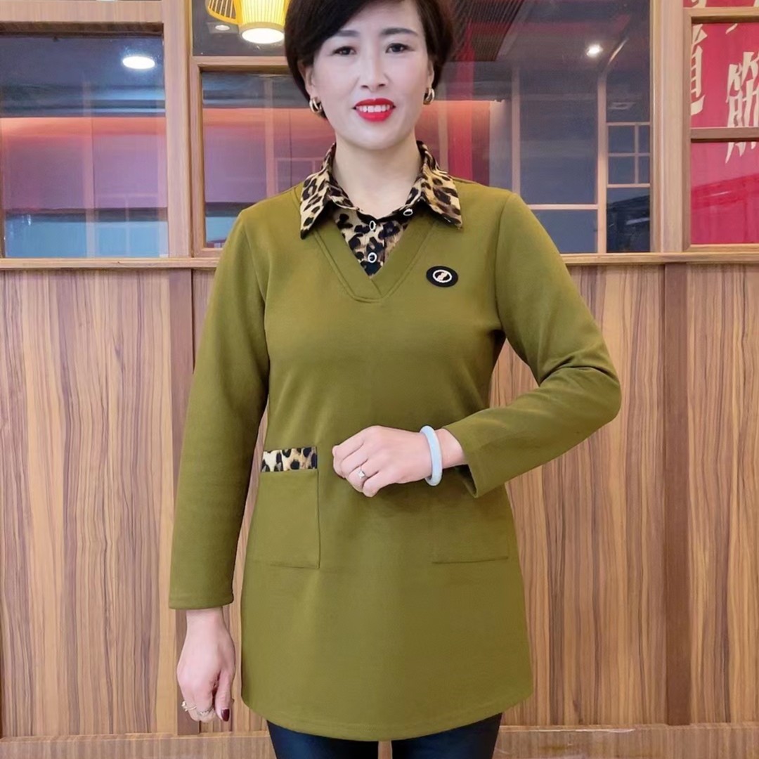 春季豹纹领百搭中长款时尚显瘦打底气质中长衫