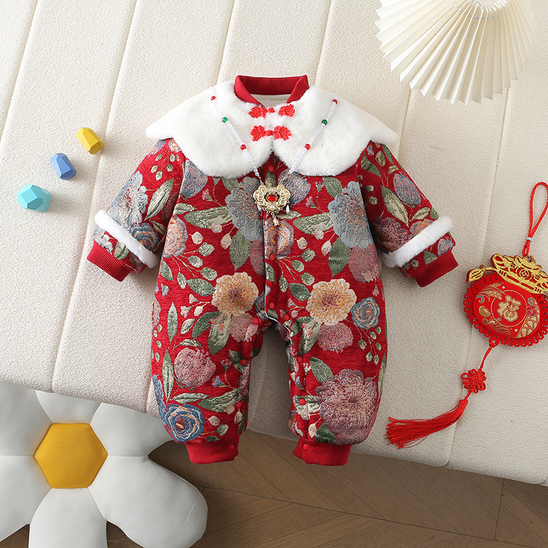 冬季婴幼儿加绒加厚连体衣宝宝周岁过年拜年服复古披肩毛领棉哈衣