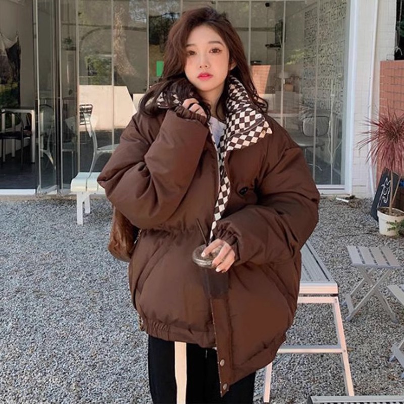 欧米朵小个子女冬2023年新款韩版宽松加厚棉服棕色面包服外套学生