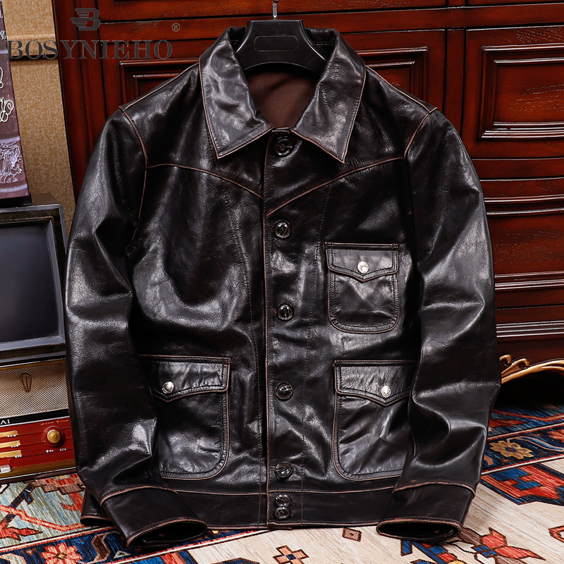 2186秋季新款茶芯色马皮真皮皮衣男士头层皮时尚休闲短款翻领夹克