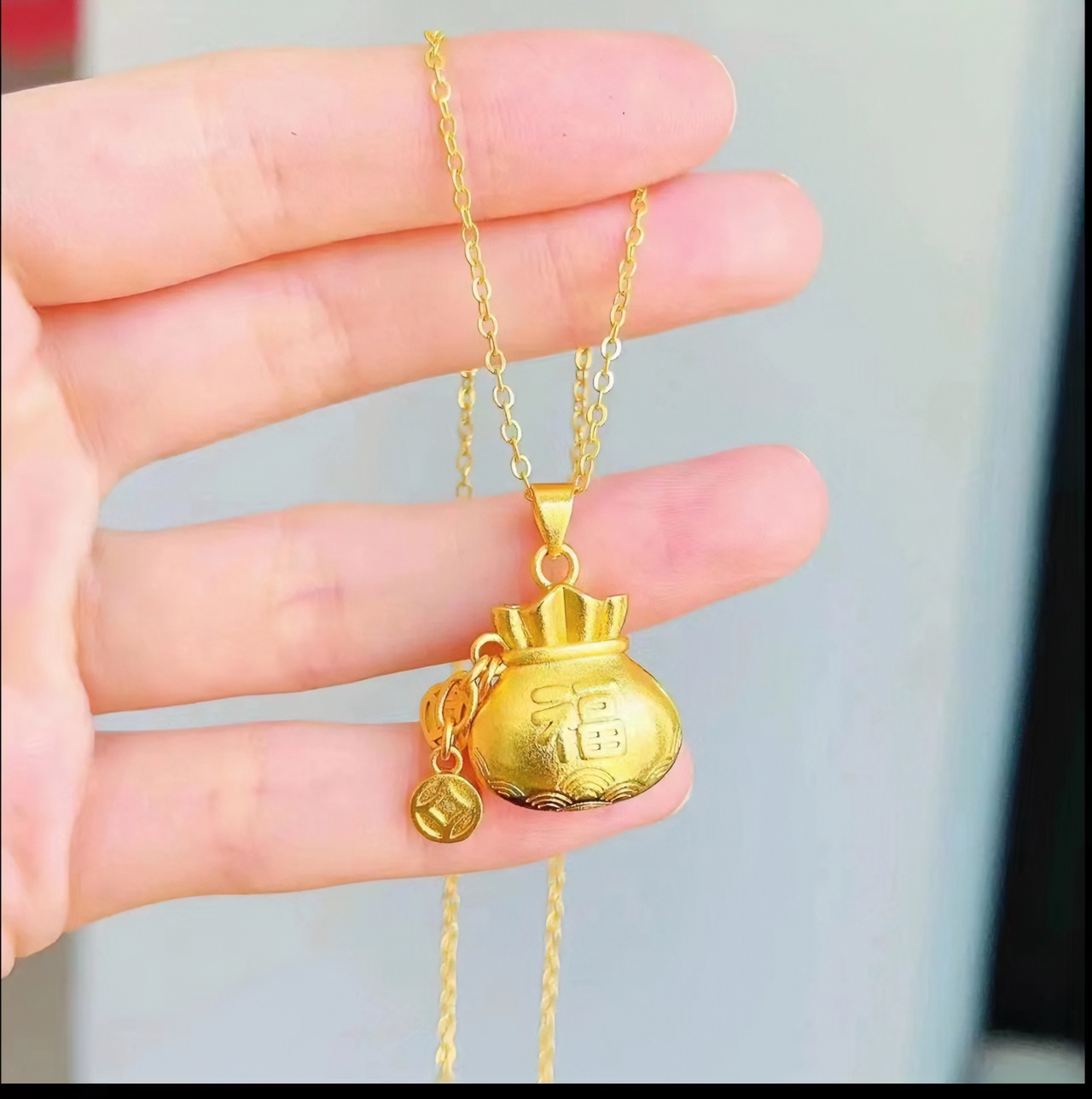 高定 金福袋金色项链吊坠平安吉祥时尚精美坠链b-0024