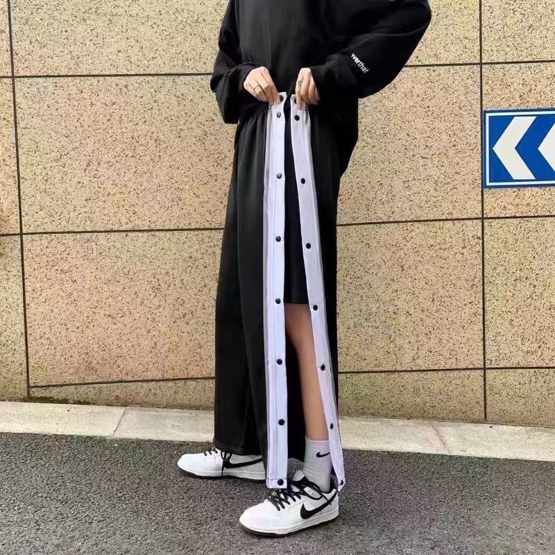 夏季排扣裤子男ins秒脱篮球运动裤阔腿直筒裤高街休闲宽松纽扣裤