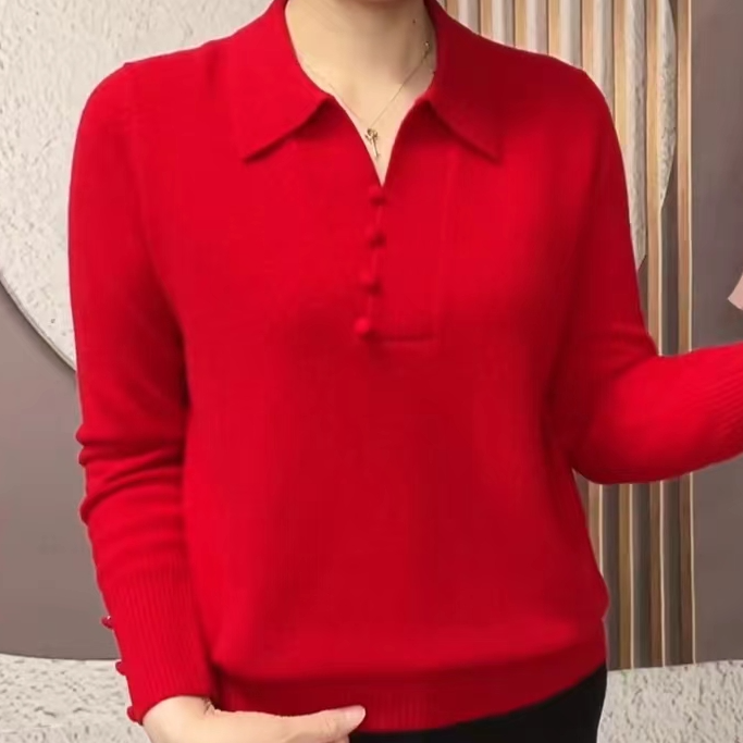 新款纯色外穿百搭针织打底衫2024秋季大码宽松显瘦高档polo领上衣