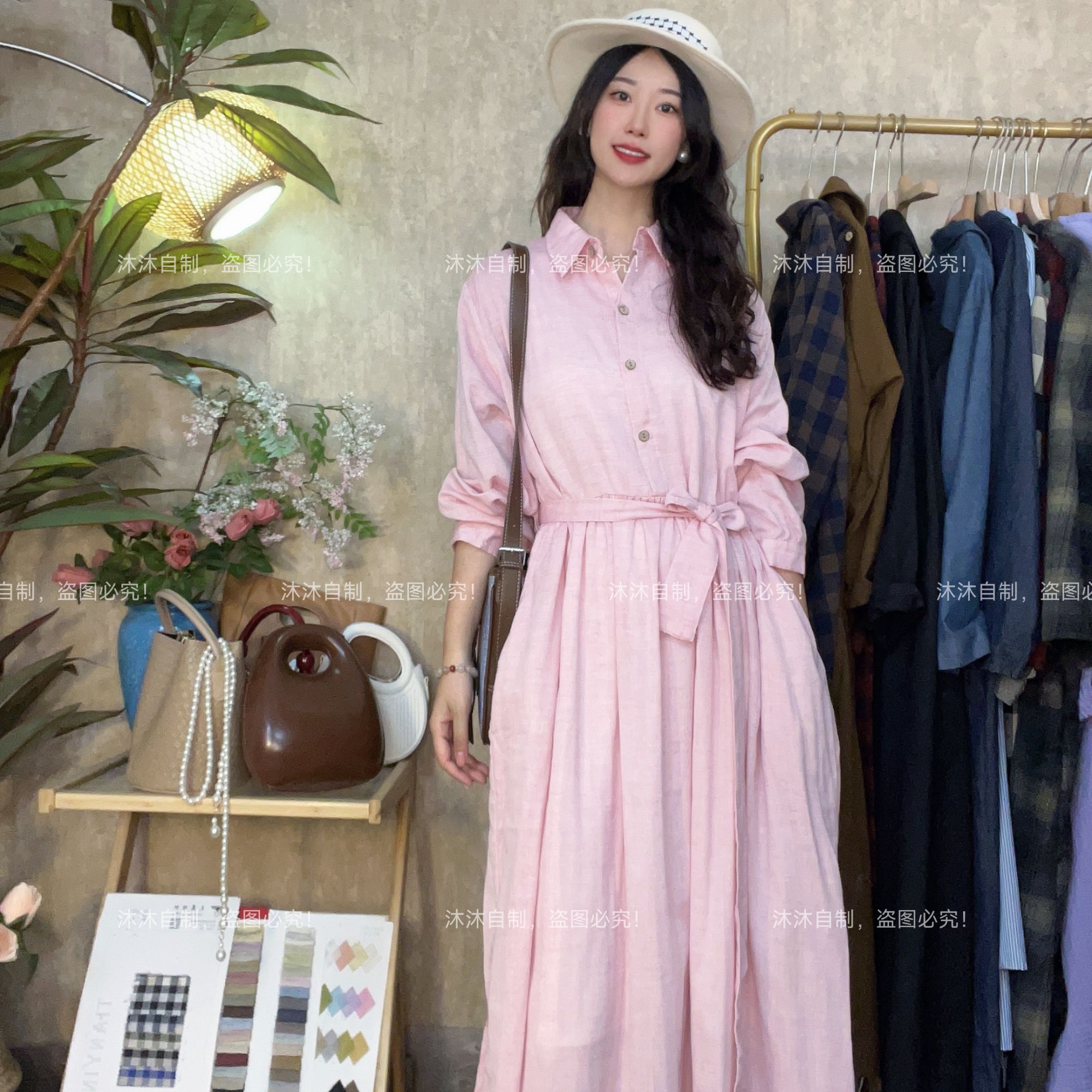 【沐沐自制】X531*春出口*空气感*双纱棉*腰带款*宽松长*衬衫连衣裙