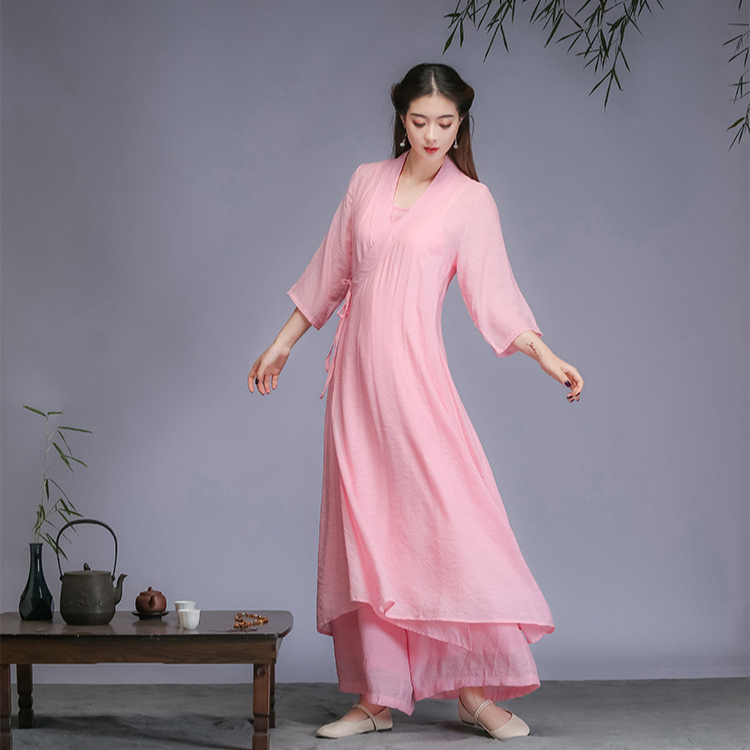 8077三件套禅意女装文艺复古中国风禅修茶服套装粉色白色