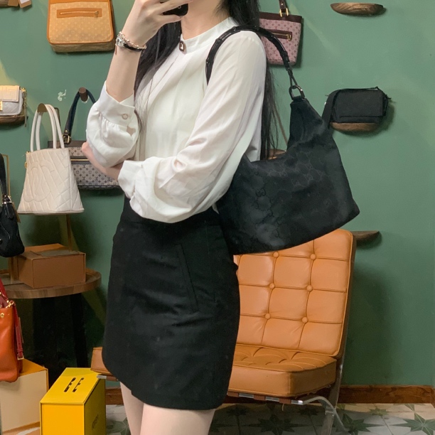 95新 GUCCI/古驰 H190黑花竹节单肩包