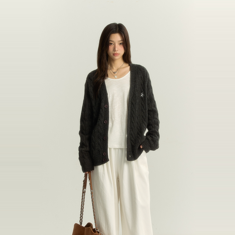 insliisa麻花开衫外套早秋针织毛衣外搭秋冬女慵懒风宽松复古羊毛