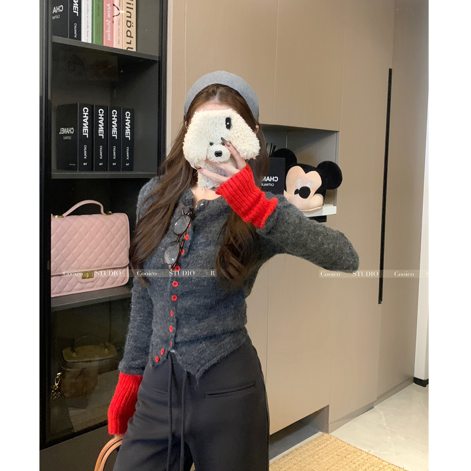 撞色针织衫女冬春秋新款软糯开衫毛衣圆领长袖慵懒风上衣