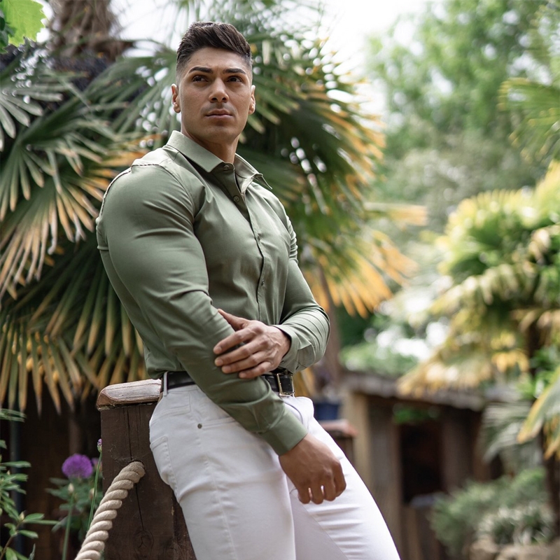 美式健身运动长袖衬衫男子高弹力显肌肉速干透气翻领紧身休闲衬衣