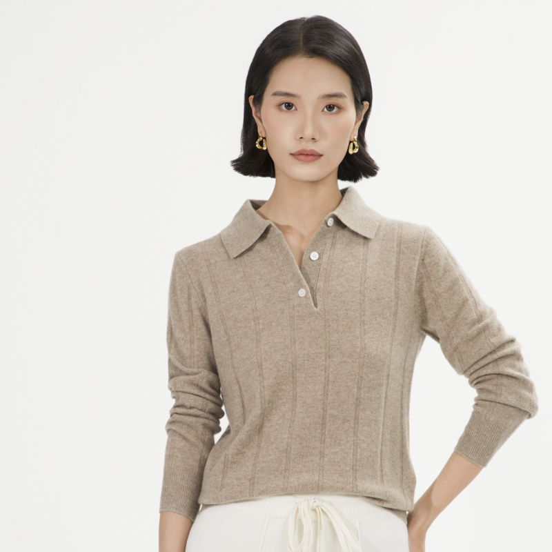 J808桂花条POLO领羊绒衫女士针织衫时尚24秋冬新款百搭长袖纯色