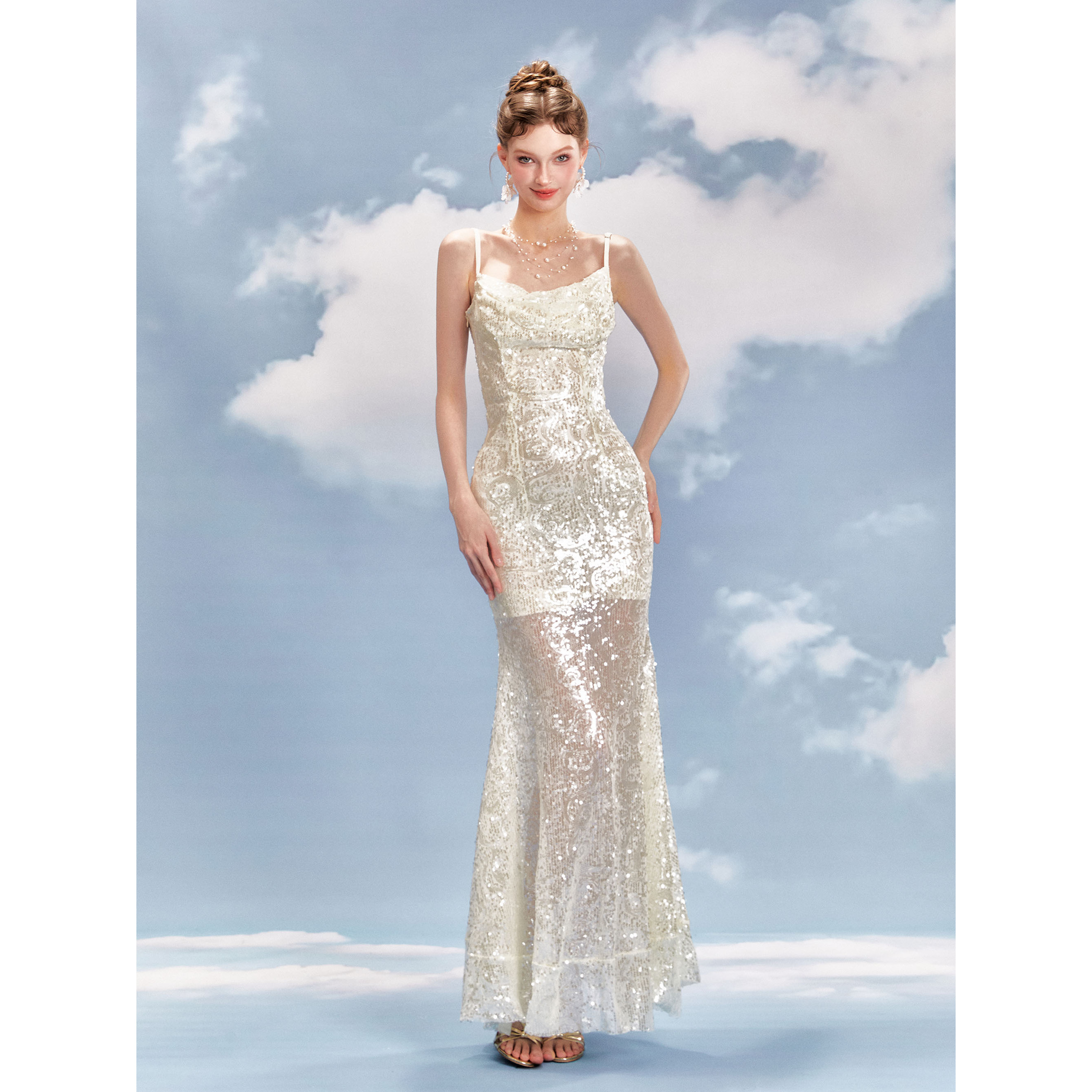 YZZI HE 春季辣妹亮片连衣裙生日裙宴会礼服裙鱼尾裙包身裙