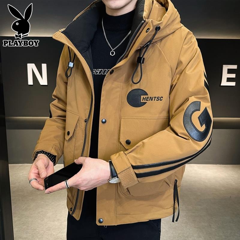 PLAYBOY工装羽绒服男士冬季新款休闲加厚保暖连帽白鸭绒外套男装