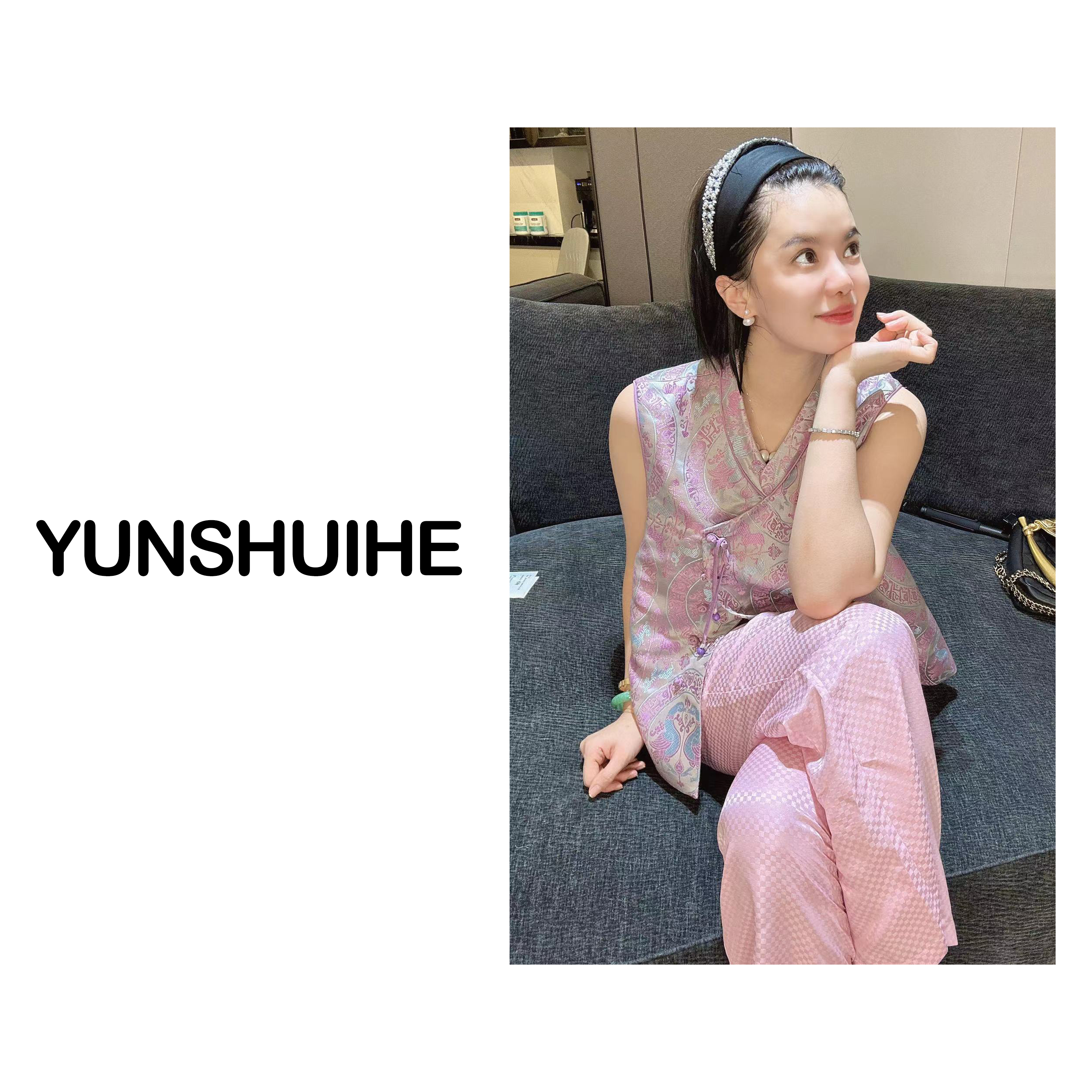 YUNSHUIHE定制！粉色霓虹宠粉女神真丝提花蚕丝裤碎花气质水禾服饰