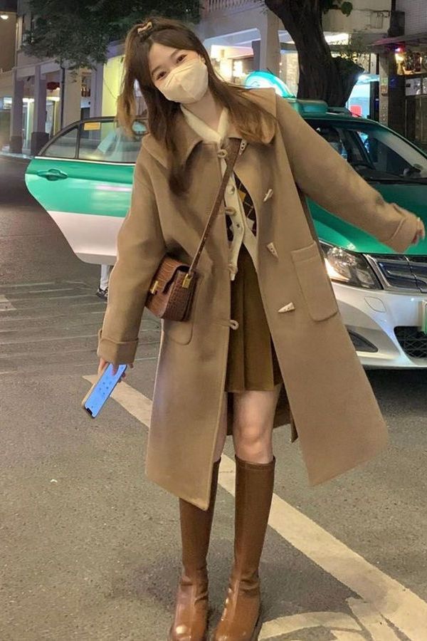 牛角扣日系翻领毛呢外套女冬季新款呢子大衣小个子加厚中长款