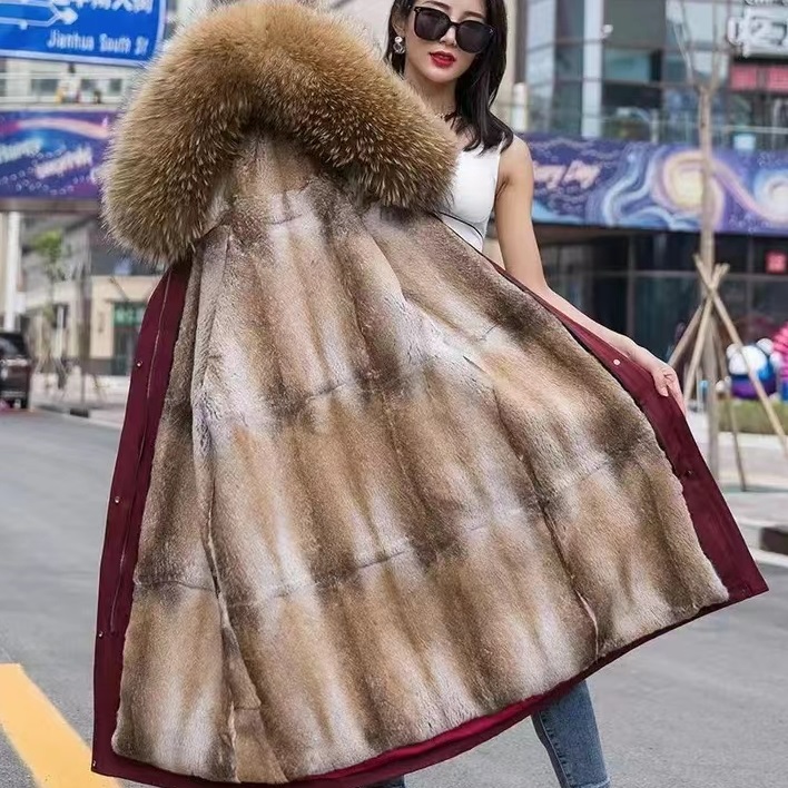 秋冬皮毛一体加厚皮衣大毛领休闲中长款派克服女款时尚保暖上衣服