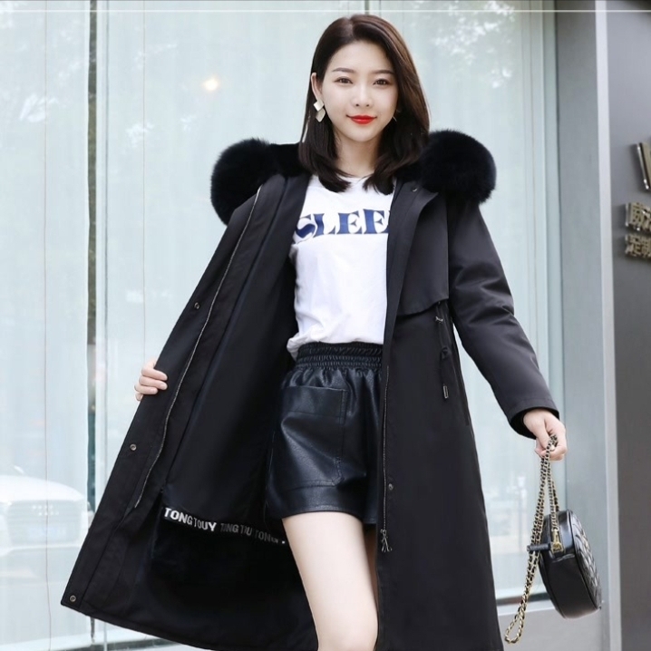 派克服外套连帽加厚兔毛真皮冬季新款女款时尚保暖上衣服中长款