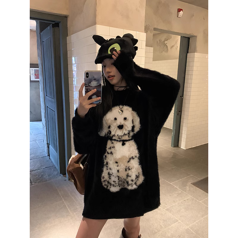 黑色水貂绒斑点狗套头毛衣女秋冬宽松中长款软糯慵懒风针织衫上衣