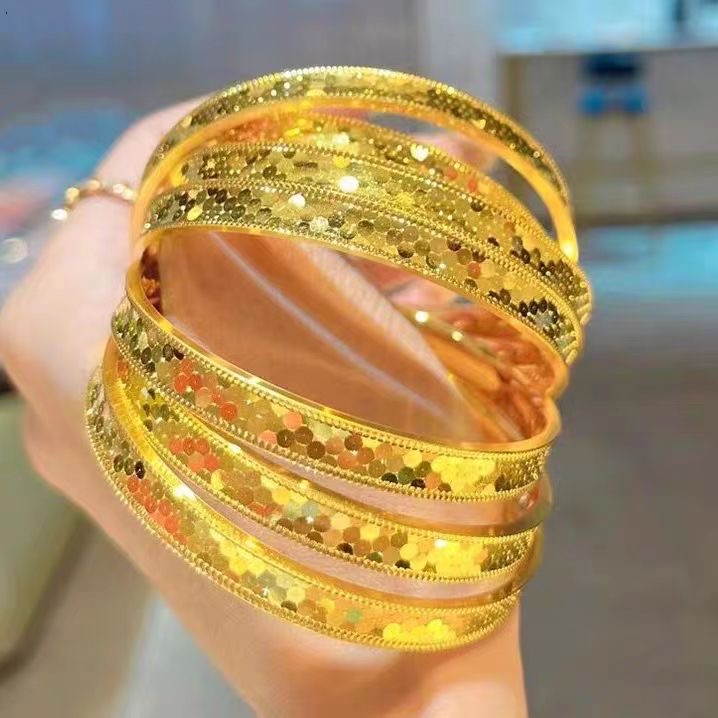 合金手镯 【莎莎福利】时尚百搭镯子经典爆闪金色妈妈龙鳞手镯实心