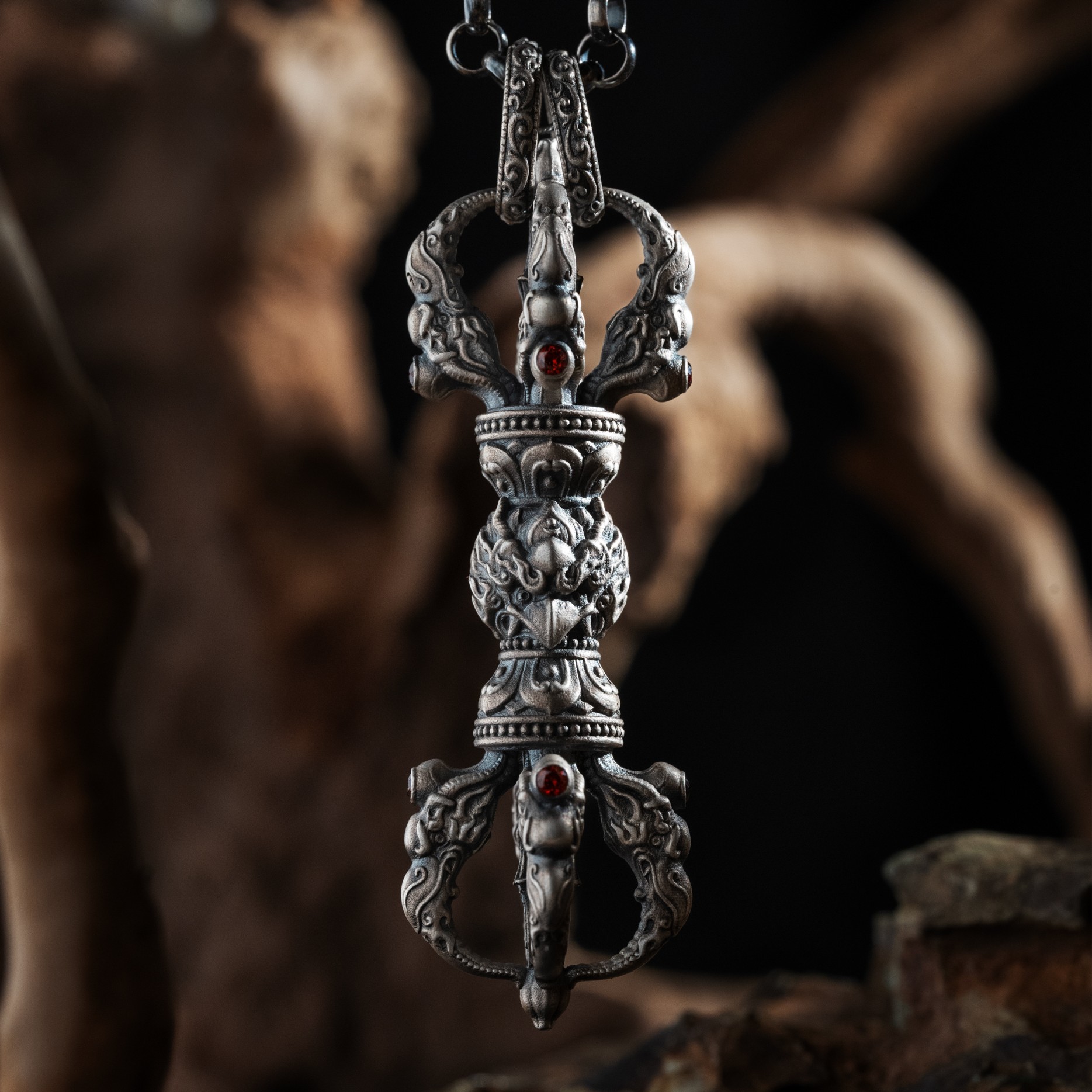 吊坠925银锆石 大鹏鸟五股杵复古做旧男士饰素银杵吊坠金刚杵