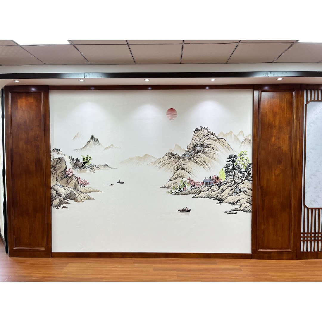 木绣山涧仙境高端定制新中式独秀背景墙布