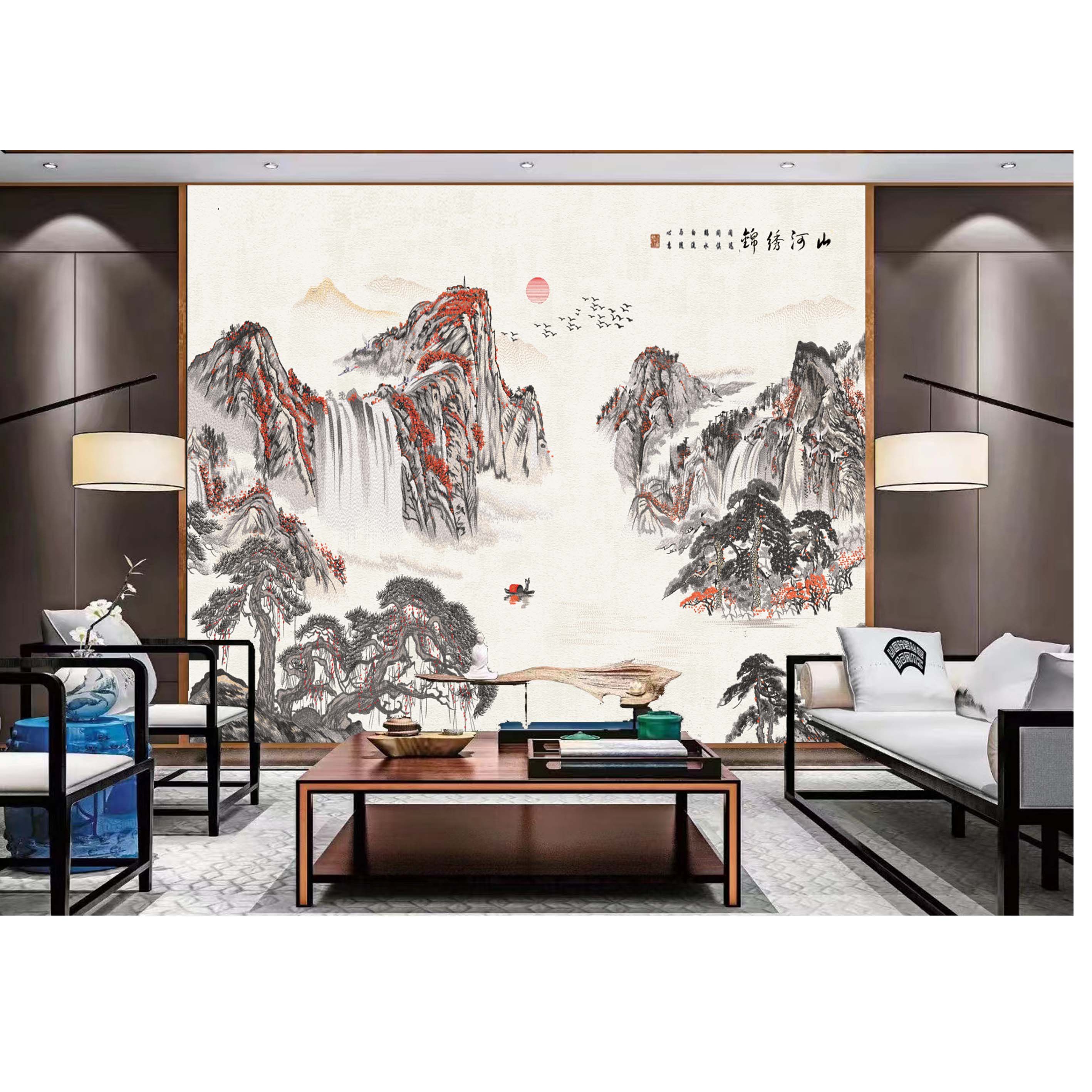 木绣锦绣河山高端定制款新中式独秀背景墙