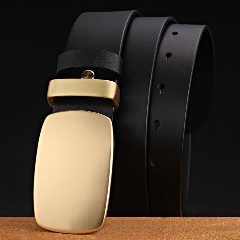 简约光面铜扣皮带中年男士平滑扣腰带百搭个性复古休闲牛仔裤带潮