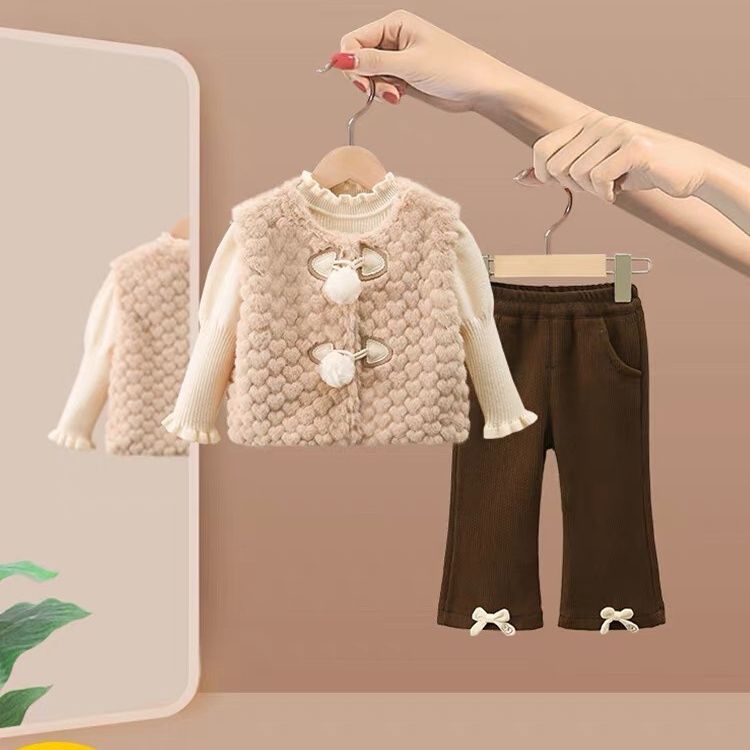 女童套装秋冬装2023新款女宝宝潮流时髦三件套小女孩冬季加绒童装