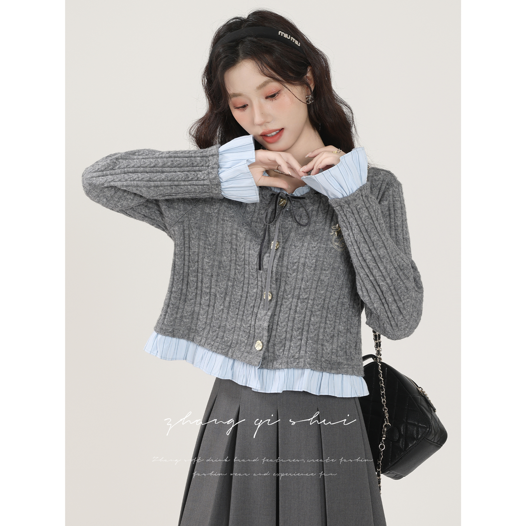 张汽水《蝴蝶结日记》秋冬季新款灰色假两件设计感拼接针织开衫女