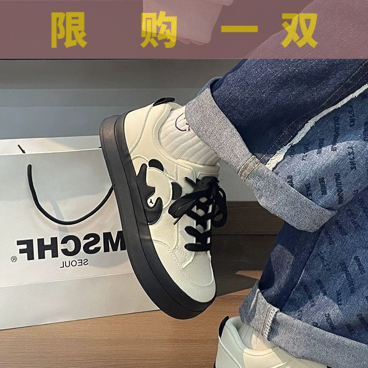 红蜻蜓牌黑白熊猫帆布鞋女2023秋季新款高颜值学生休闲百搭厚底鞋