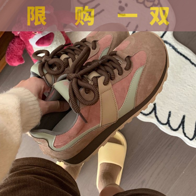 红蜻蜓牌拼色软底阿甘鞋女2023秋冬加绒增高复古老爹鞋交叉绑带鞋