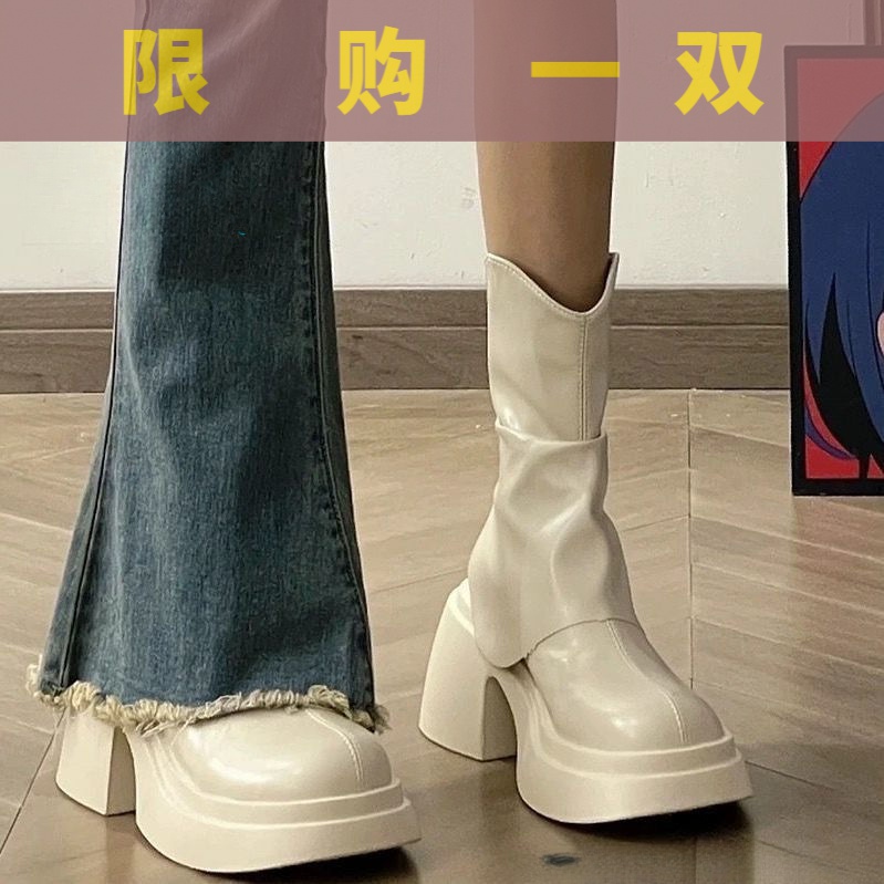 红蜻蜓牌白色马丁靴女2023春秋新款厚底粗跟短靴高跟后拉链网红鞋